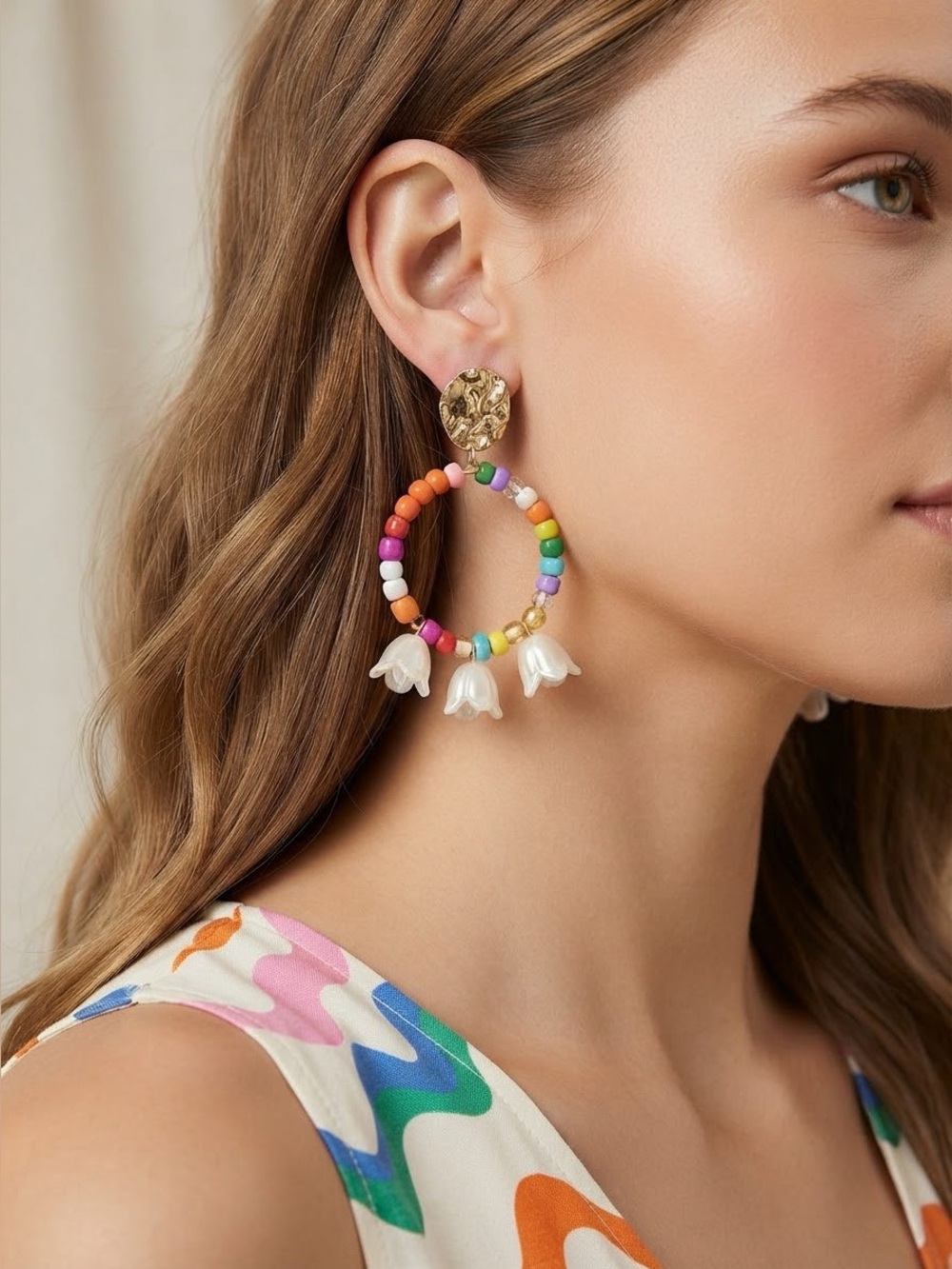 Boho Beaded Hoop Earrings with Floral Charms